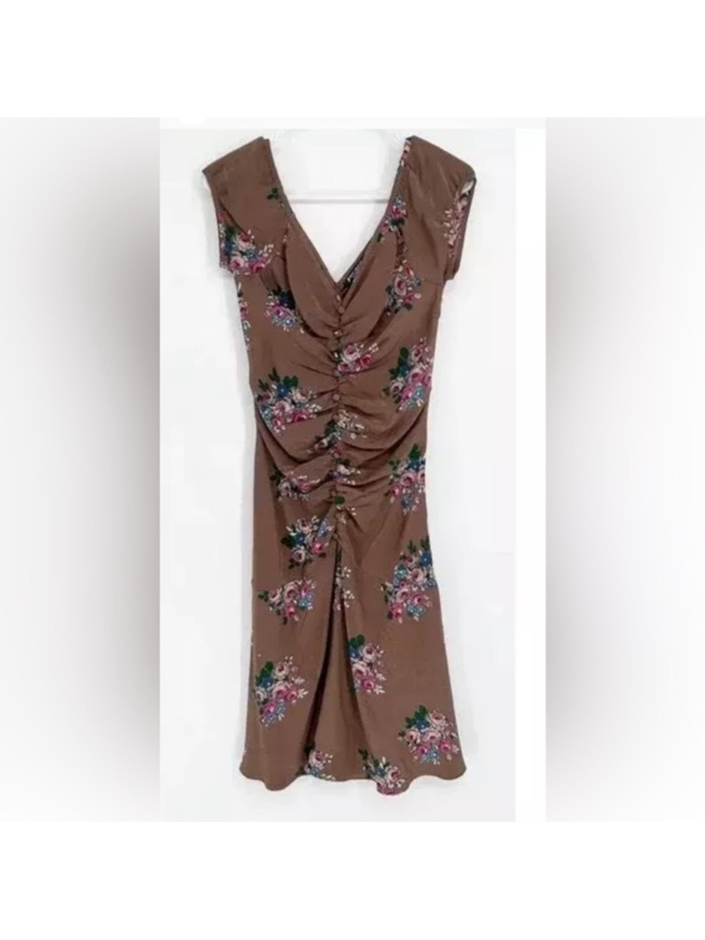 Betsey Johnson Brown silk Floral Ruched Midi Dress 4 6 8 S